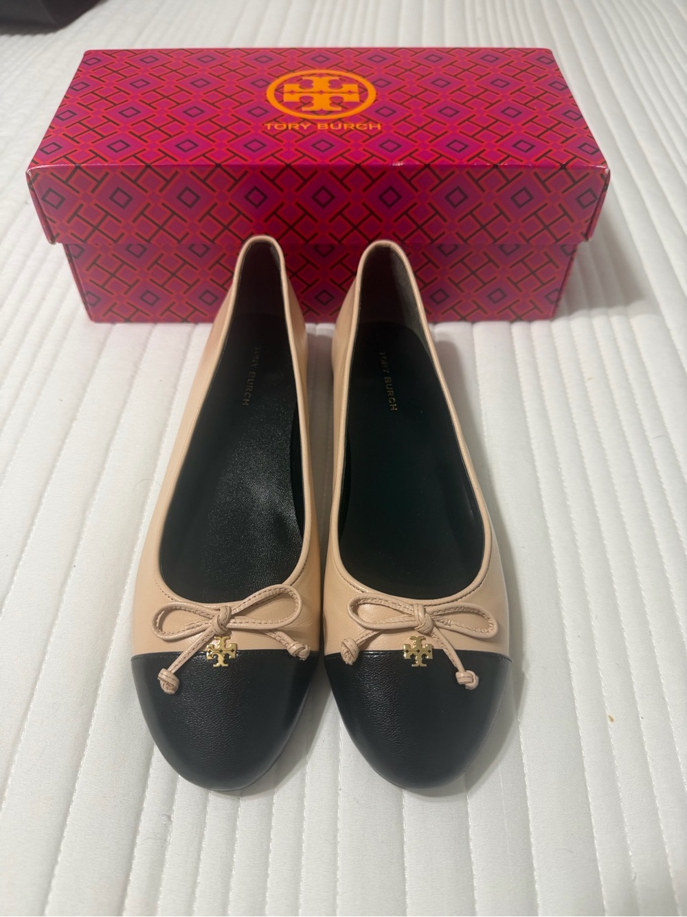 Tory Burch Beige and Black Cap-Toe Ballet Flats